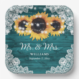 Blauwgroen Rustic Wood Lace Sunflower Wedding Papieren Bordje
