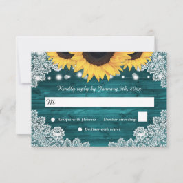 Blauwgroen Rustic Wood Lace Sunflower Wedding RSVP Kaartje