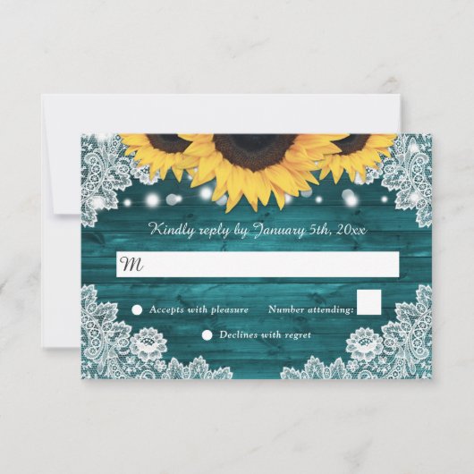 Blauwgroen Rustic Wood Lace Sunflower Wedding RSVP Kaartje (Voorkant)