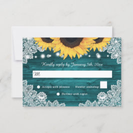 Blauwgroen Rustic Wood Lace Sunflower Wedding RSVP Kaartje