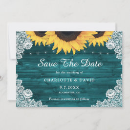 Blauwgroen Rustic Wood Lace Sunflower Wedding Save The Date