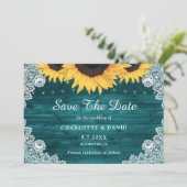 Blauwgroen Rustic Wood Lace Sunflower Wedding Save The Date (Staand voorkant)
