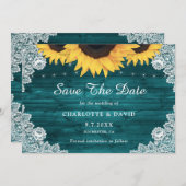 Blauwgroen Rustic Wood Lace Sunflower Wedding Save The Date (Voorkant / Achterkant)