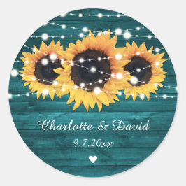 Blauwgroen Rustic Wood Lights Sunflower Wedding Ronde Sticker