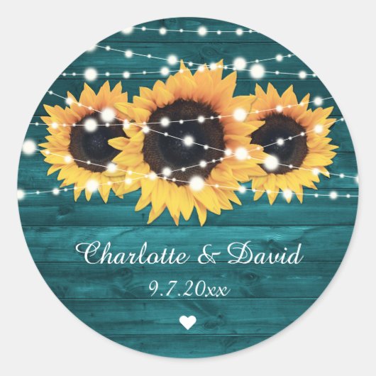 Blauwgroen Rustic Wood Lights Sunflower Wedding Ronde Sticker (Voorkant)
