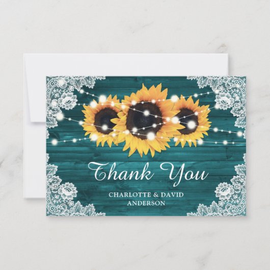 Blauwgroen Rustic Wood Sunflower Wedding Bedankkaart (Voorkant)