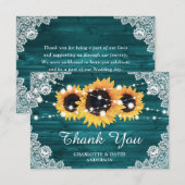 Blauwgroen Rustic Wood Sunflower Wedding Bedankkaart (Voorkant / Achterkant)