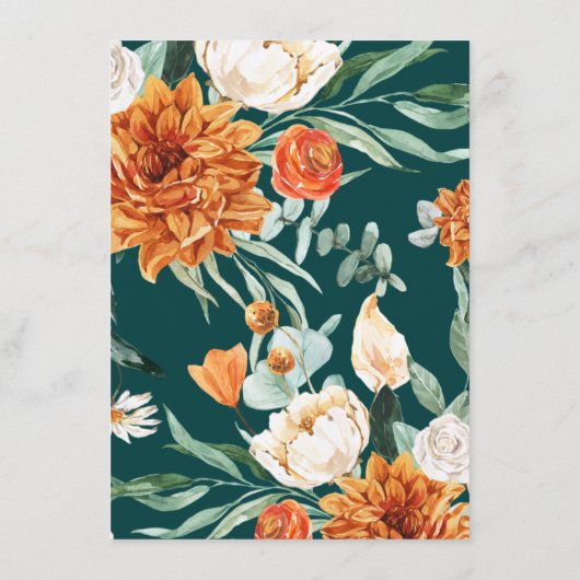 Blauwgroen rustieke bloemenverbrande Oranje bruilo Informatiekaartje (Achterkant)