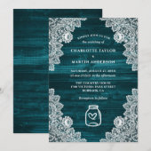 Blauwgroen Rustieke Country Wood Mason Jar Wedding Kaart (Voorkant / Achterkant)