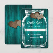 Blauwgroen rustieke houten metselaar Jar Two Heart RSVP Kaartje (Voorkant / Achterkant)
