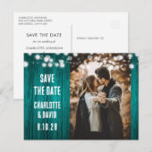 Blauwgroen rustieke houten trouwfoto Sla de datum  Aankondigingskaart (Voorkant / Achterkant)