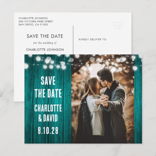 Blauwgroen rustieke houten trouwfoto Sla de datum  Aankondigingskaart (Voorkant / Achterkant)
