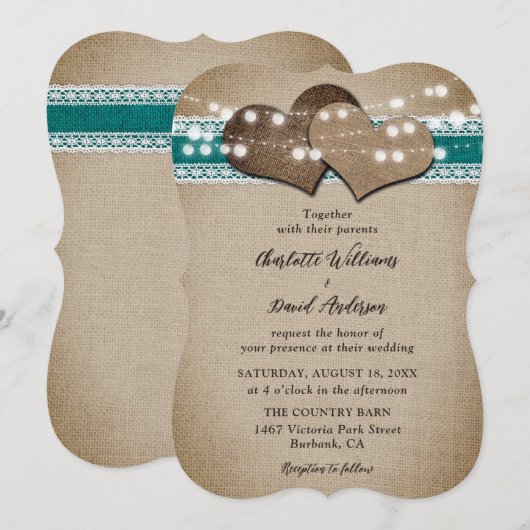 Blauwgroen rustieke land Burlap kant bruiloft Kaart (Voorkant / Achterkant)