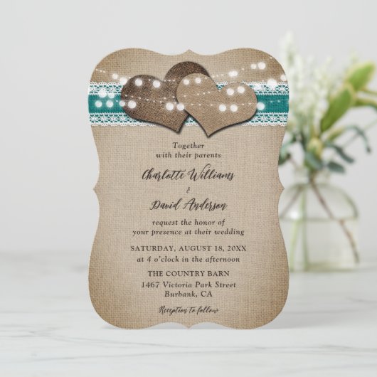 Blauwgroen rustieke land Burlap kant bruiloft Kaart (Staand voorkant)