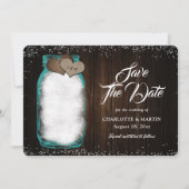 Blauwgroen Rustieke Mason Jar String Lights Hout W Save The Date (Voorkant)