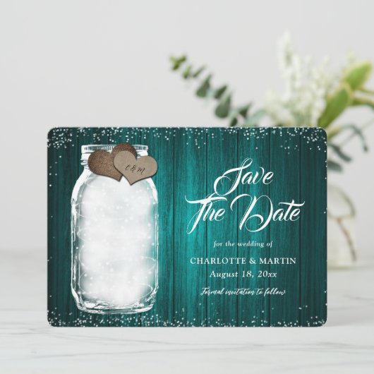 Blauwgroen Rustieke Mason Jar String Lights Hout W Save The Date (Staand voorkant)