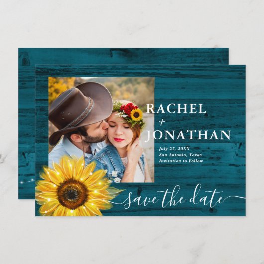 Blauwgroen rustieke zonnebloem foto bruiloft opsla save the date (Voorkant / Achterkant)