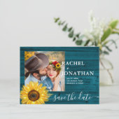 Blauwgroen rustieke zonnebloem foto bruiloft opsla save the date (Staand voorkant)