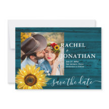 Blauwgroen rustieke zonnebloem foto bruiloft opsla