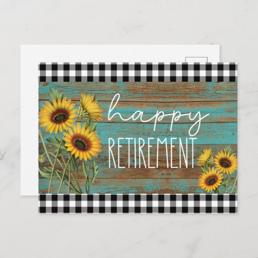 Blauwgroen rustieke zonnebloemen Happy Retirement Briefkaart (Voorkant / Achterkant)