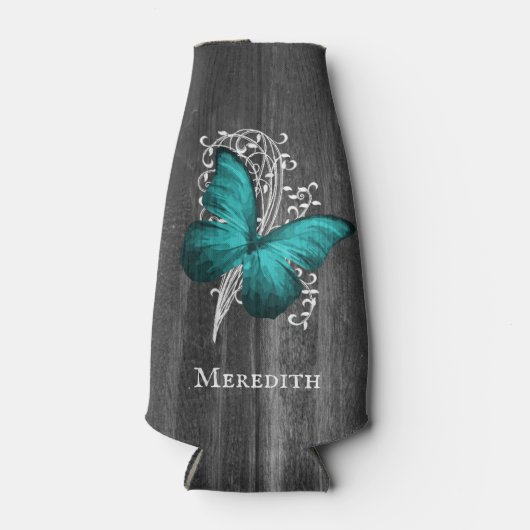 Blauwgroen Rustige Butterfly - Aangepaste flessenk Flesjeskoeler (Voorkant)