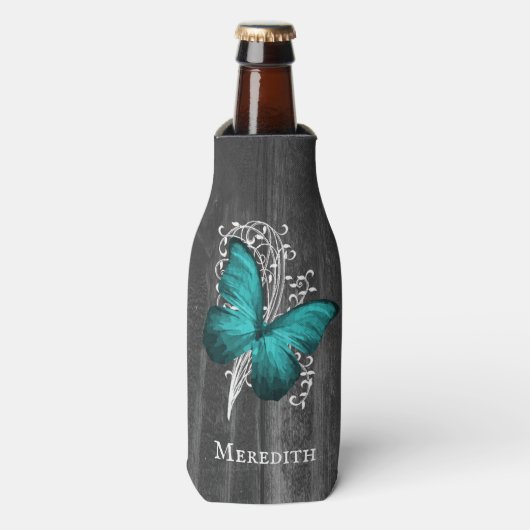 Blauwgroen Rustige Butterfly - Aangepaste flessenk Flesjeskoeler (Fles Voorkant)