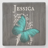 Blauwgroen Rustige Butterfly - gepersonaliseerd to Stenen Onderzetter (Voorkant)