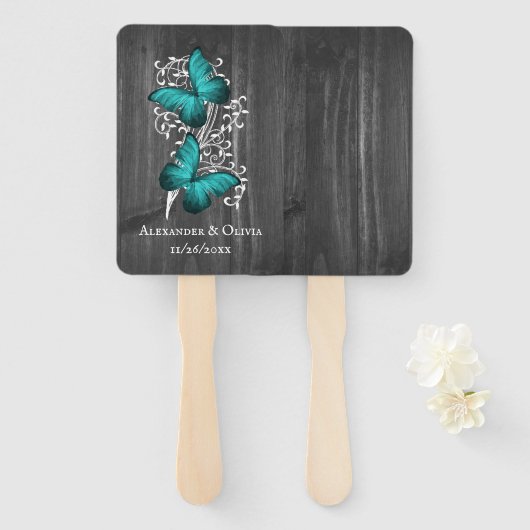 Blauwgroen Rustige Butterfly Wedding Favor Hand Fa Handwaaier (Voorkant en achterkant)