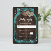 Blauwgroen Rustisch hout Harten Mason Jar Wedding  RSVP Kaartje (Staand voorkant)
