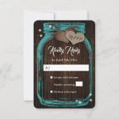 Blauwgroen Rustisch hout Harten Mason Jar Wedding RSVP Kaartje (Voorkant)