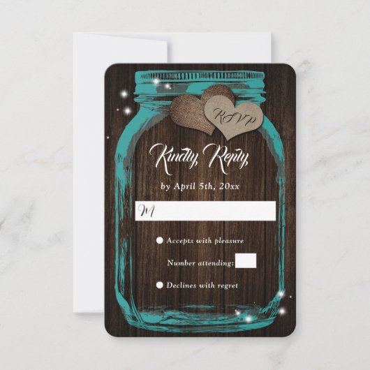 Blauwgroen Rustisch hout Harten Mason Jar Wedding  RSVP Kaartje (Voorkant)