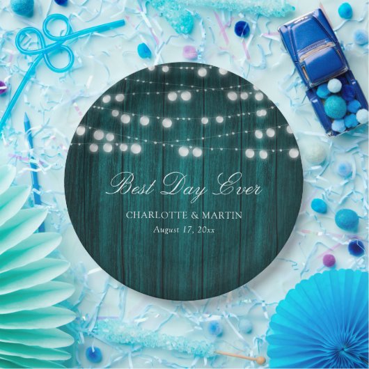 Blauwgroen Rustisch landschap Hout Rights Wedding Papieren Bordje (Feest)