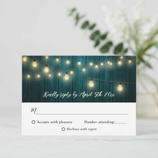 Blauwgroen Rustisch landschap Hout Rights Wedding RSVP Kaartje (Staand voorkant)