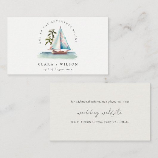 Blauwgroen Sailboot Palm Seascape Wedding Website Informatiekaartje (Voorkant / Achterkant)