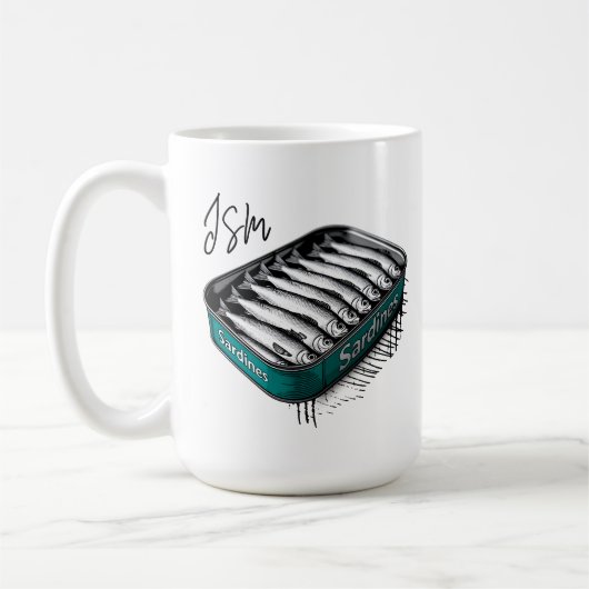 Blauwgroen Sardine Art Tin Custom Monogram Naam Koffiemok (Links)