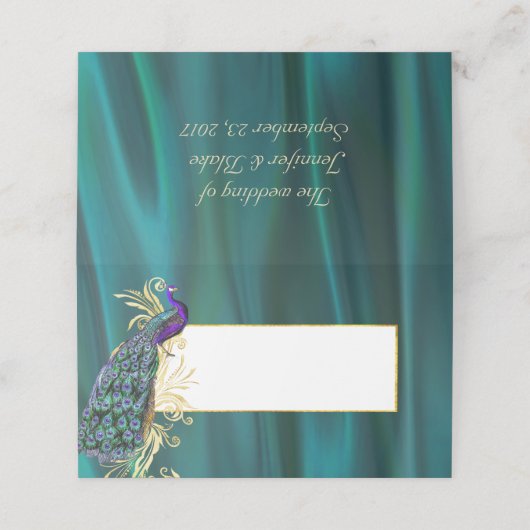 Blauwgroen Satijn en Peacock Bruiloft Gevouwen Pla Plaatskaartje (Buitenkant ongevouwen)