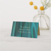 Blauwgroen Satijn en Peacock Bruiloft Gevouwen Pla Plaatskaartje (Achterkant)