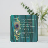 Blauwgroen Satijn en Peacock Feather Bruiloft Uitn Kaart (Staand voorkant)
