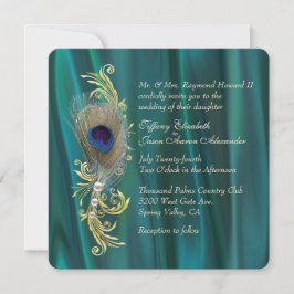 Blauwgroen Satijn en Peacock Feather Bruiloft Uitn Kaart