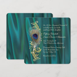 Blauwgroen Satijn en Peacock Feather Bruiloft Uitn Kaart