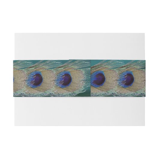 Blauwgroen Satijn en Peacock Feathers Belly Band Uitnodigingen Wikkel (Achterkant Voorbeeld)