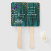 Blauwgroen Satijn met Peacock Trouwprogramma Fan Handwaaier (Voorkant en achterkant)