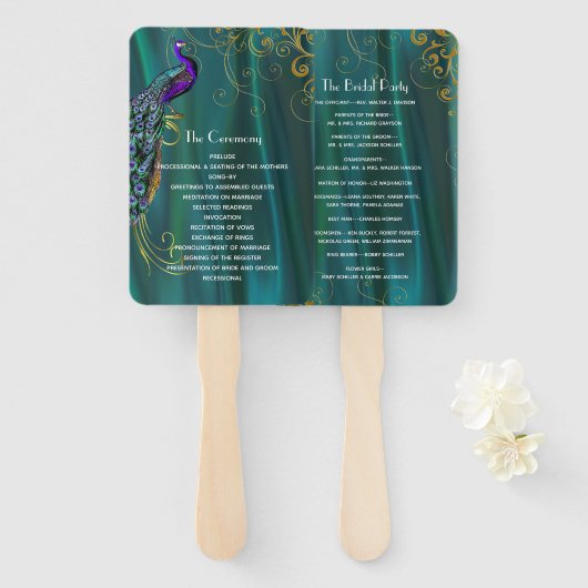 Blauwgroen Satijn met Peacock Trouwprogramma Fan Handwaaier (Voorkant en achterkant)