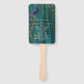 Blauwgroen Satijn met Peacock Trouwprogramma Fan Handwaaier (Voorkant)