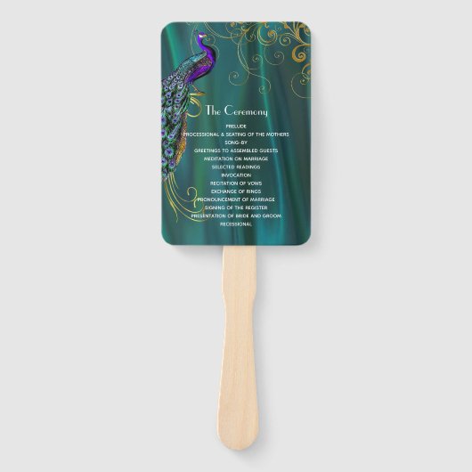 Blauwgroen Satijn met Peacock Trouwprogramma Fan Handwaaier (Voorkant)