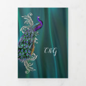 Blauwgroen Satijnen look met pauw bruiloft Drieluik Uitnodiging (Cover)