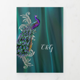 Blauwgroen Satijnen look met pauw bruiloft Drieluik Uitnodiging