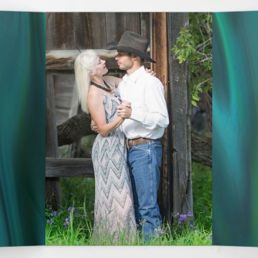 Blauwgroen Satijnen look met pauw bruiloft Drieluik Uitnodiging (Binnenkant midden)