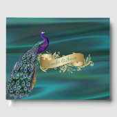 Blauwgroen Satin en Peacock Wedding Guest Book Gastenboek (Voorkant)