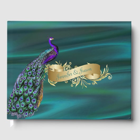 Blauwgroen Satin en Peacock Wedding Guest Book Gastenboek (Voorkant)